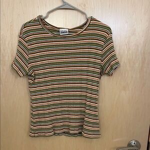 Basic Editions Women's Striped Tee - Green and Orange